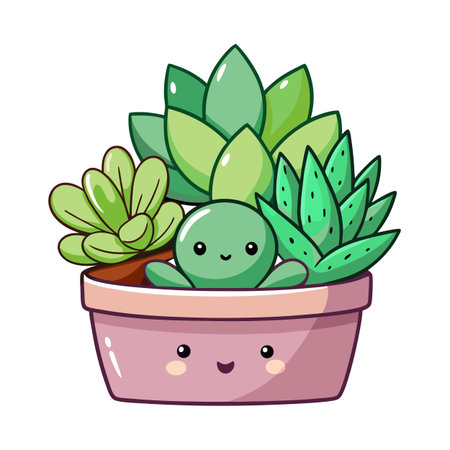 Cute Cartoon Succulent Arrangement in a Pink Potのイラスト素材