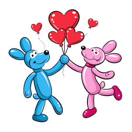 Cartoon Balloon Dogs Celebrating Valentine's Day with Heart Balloonsのイラスト素材