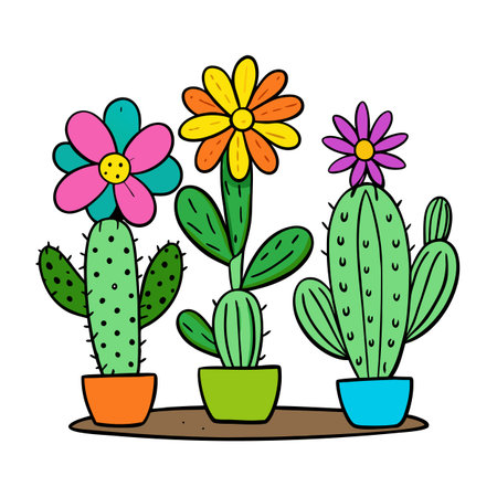 Cartoon Cactus Plants with Flowers in Potsのイラスト素材
