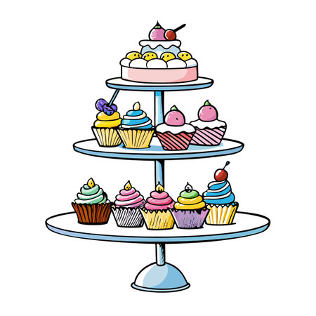 Cartoon Cupcakes and Cake on Three-Tiered Standのイラスト素材