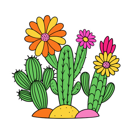 Cartoon Cacti with Colorful Flowers Illustration in Desertのイラスト素材