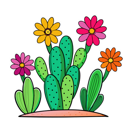 Cartoon Cactus with Flowers on a Sandy Patchのイラスト素材