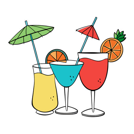Vibrant Summer Cocktails: Tropical Drinks with Umbrellas and Fruitのイラスト素材