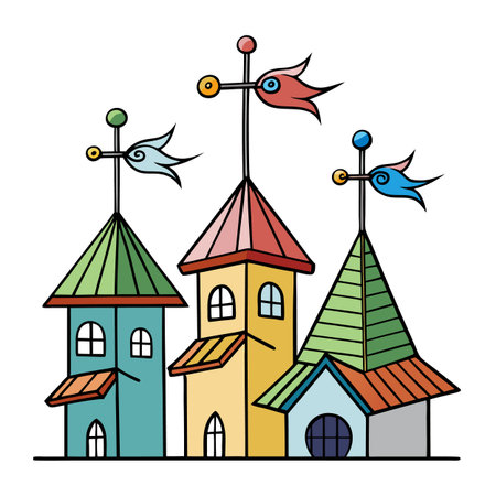 Colorful Cartoon Houses with Weathervanes, whimsical architectureのイラスト素材
