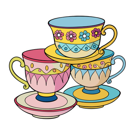 Stack of Colorful Tea Cups and Saucers Illustrationのイラスト素材