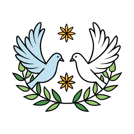 Doves of peace with olive branch and flowers emblemのイラスト素材