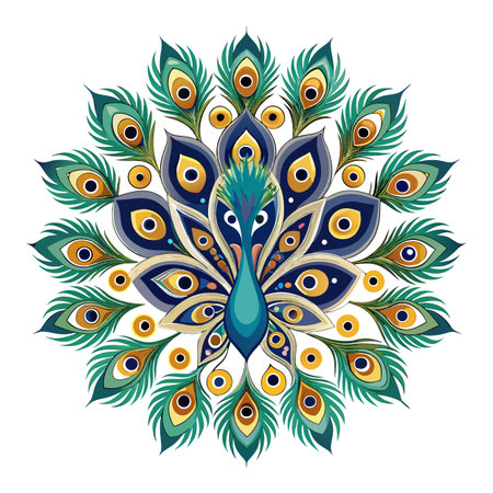Stylized Peacock Illustration with Decorative Feathers and Patternのイラスト素材