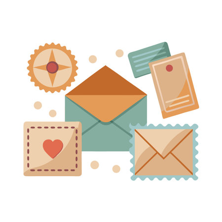 Cute Retro Mail and Stationery Illustration with Envelopesのイラスト素材