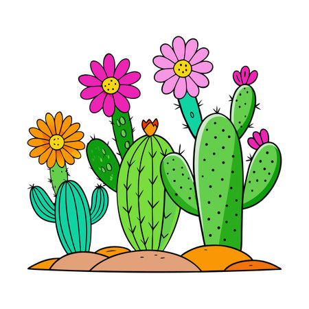 Cartoon Cacti with Flowers Illustration on White Backgroundのイラスト素材