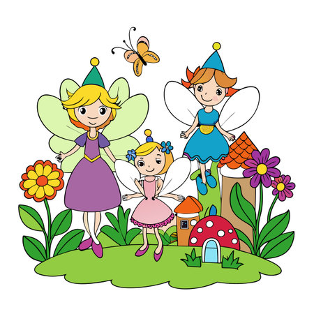 Cartoon Fairies with Butterfly, Flowers, and Mushroom Houseのイラスト素材