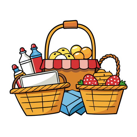Illustration of picnic baskets with food and drinksのイラスト素材