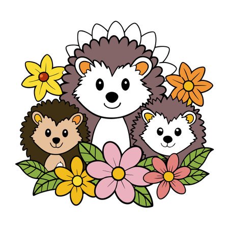 Cute cartoon hedgehogs with flowers illustration, springtime animalsのイラスト素材