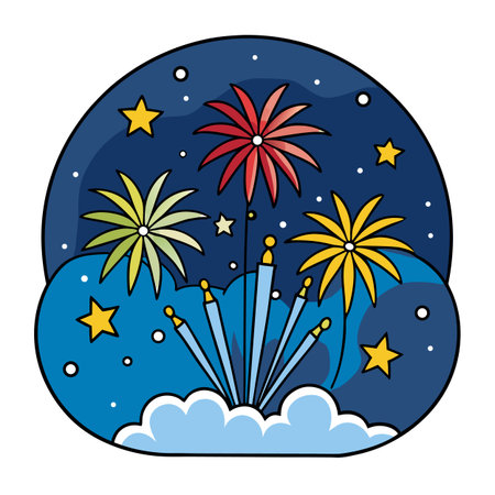 Celebration Fireworks at Night in Cartoon Style Graphicのイラスト素材