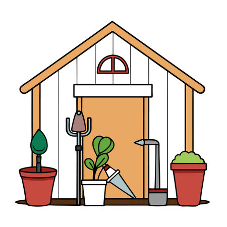 Cartoon Garden Shed with Plants and Gardening Toolsのイラスト素材