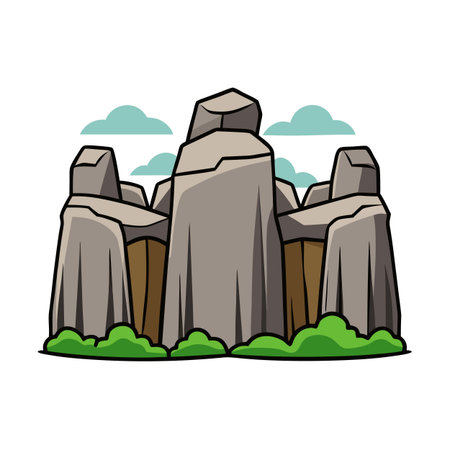 Cartoon Stone Circle Illustration with Clouds and Grassのイラスト素材