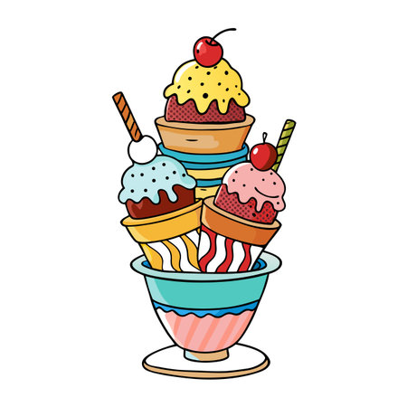 Ice cream sundae cartoon illustration with colorful toppings