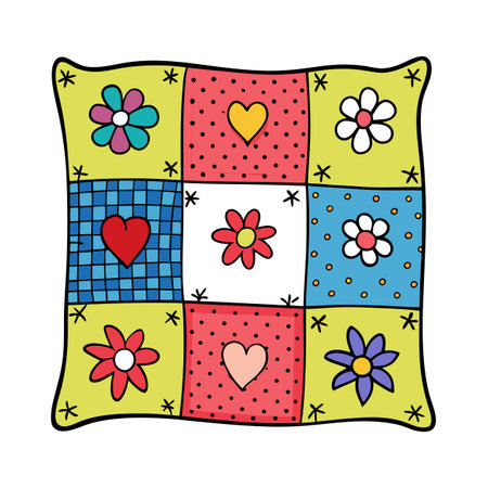 Patchwork Pillow with Flowers and Hearts Cartoon Illustrationのイラスト素材
