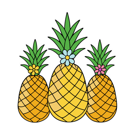 Three Pineapples with Flowers Illustration on White Backgroundのイラスト素材