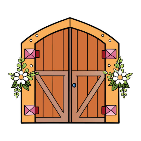 Cartoon Wooden Barn Door with Floral Decoration Illustrationのイラスト素材