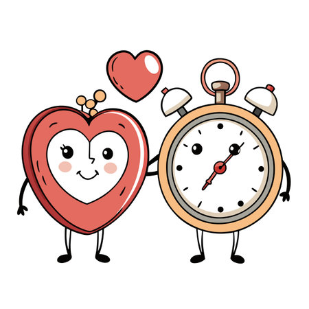 Cute Heart and Clock Characters: Time for Loveのイラスト素材