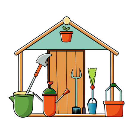 Charming Garden Shed with Tools and Potted Plantのイラスト素材
