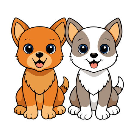Two adorable cartoon puppies sitting side-by-side smilingのイラスト素材