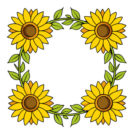 Sunflower frame with leaves cartoon illustration vector designのイラスト素材