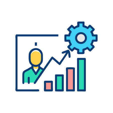 Business chart showing growth with a person and gear icon signifying developmentのイラスト素材