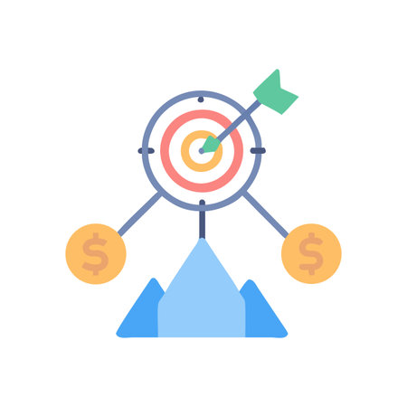 Achievement of financial goals depicted by a target, arrow, and mountains illustrationのイラスト素材