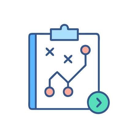 Clipboard with strategy planning diagram and forward direction symbol on a black backgroundのイラスト素材