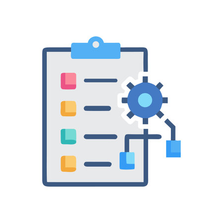 Clipboard with gear icon symbolizing workflow and process automation in a flat styleのイラスト素材
