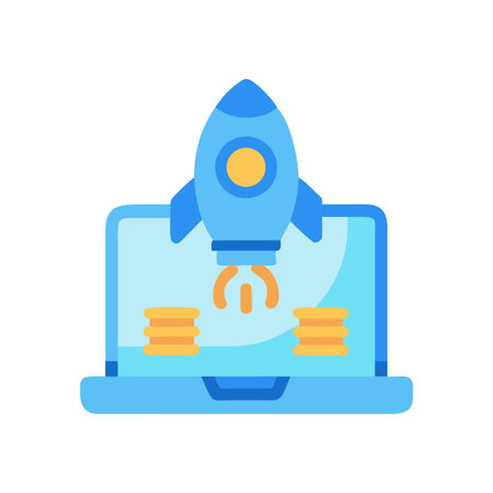 Digital business startup concept showing a laptop, coins, and a launching rocketのイラスト素材
