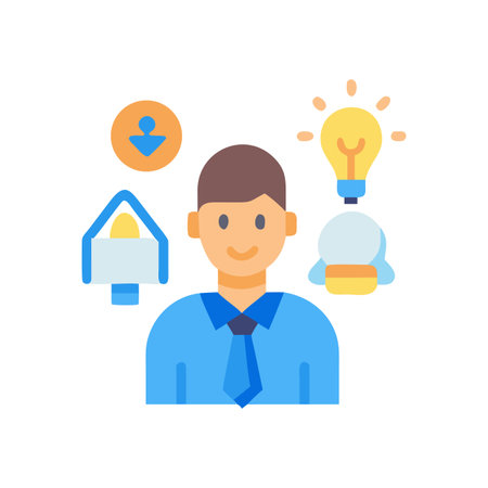Business person icon with lightbulb, arrow, and document illustrating strategy and solutionsのイラスト素材