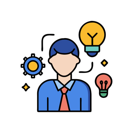 Business person generating multiple ideas shown through colorful light bulbs illustrationのイラスト素材