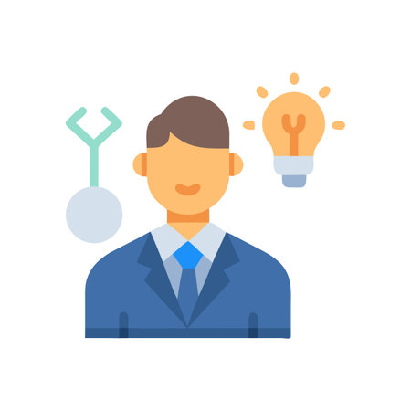 Cartoon businessman with light bulb and pocket watch represents idea generation and time managementのイラスト素材