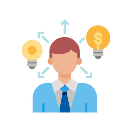 Thinking about ideas and opportunities illustration with a business person and lightbulbsのイラスト素材
