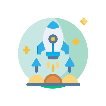 Cartoon rocket launching from ground against blue circle with yellow stars illustrationのイラスト素材