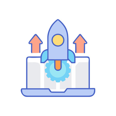 Startup launch sequence with laptop and rocket on black background illustrationのイラスト素材