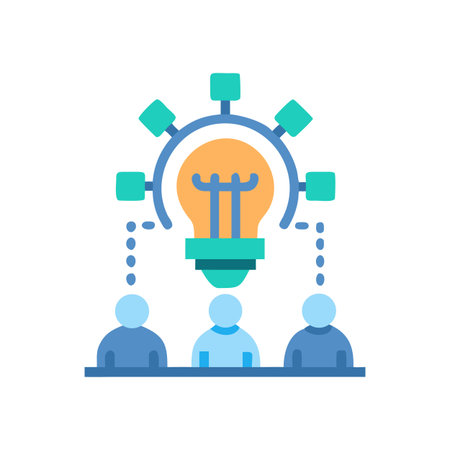 Team brainstorm with idea generation depicted by a bulb and connecting nodesのイラスト素材