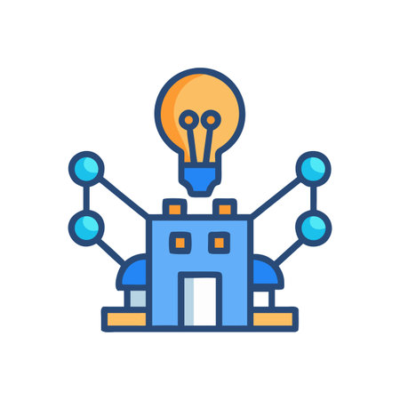Connected innovation: A flat vector icon of a building with a lightbulb and nodesのイラスト素材