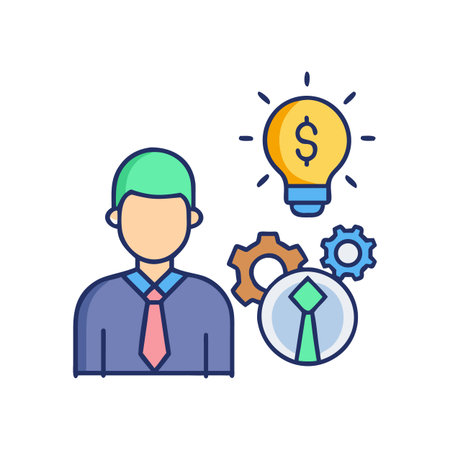 Business idea generation with employee empowerment and financial growth, presented as a flat design.のイラスト素材