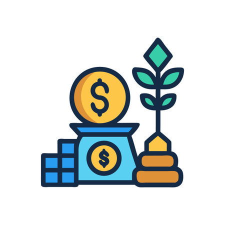 Investment growth illustration showing money bag, dollar coin, plant on black backdrop.のイラスト素材