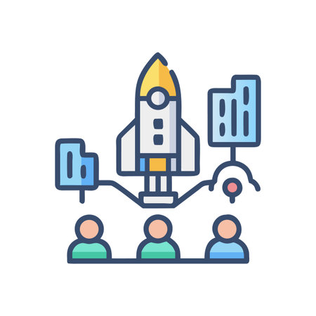 Teamwork driving startup success illustration showing a rocket and connected buildingsのイラスト素材