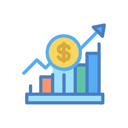 Growing financial chart shows positive revenue with dollar coin on a black backdropのイラスト素材
