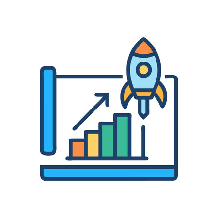 Data analysis illustration showing business growth with a rocket launch, colorful graphicのイラスト素材
