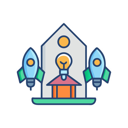 Icon illustration of innovation startup rocket launch idea with house building and lightbulbのイラスト素材