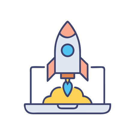 Laptop screen launching a colorful rocket towards new beginnings and technological advancesのイラスト素材