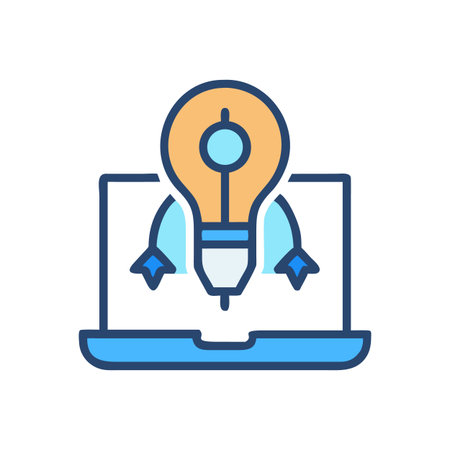 Digital idea generation and startup launch, lightbulb rocket on laptop, conceptual designのイラスト素材