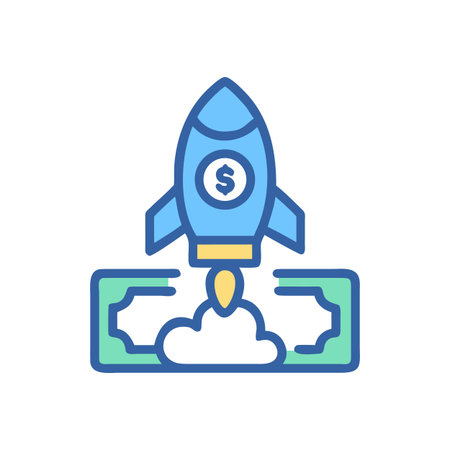 Rocket ship launching from money, illustrating financial growth and investment successのイラスト素材