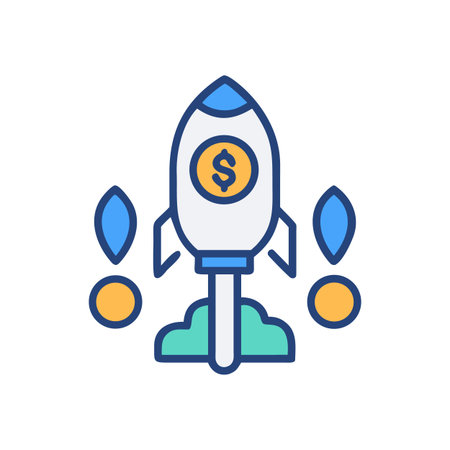 Cartoon rocket launching symbolizing startup success and rapid financial growth conceptのイラスト素材